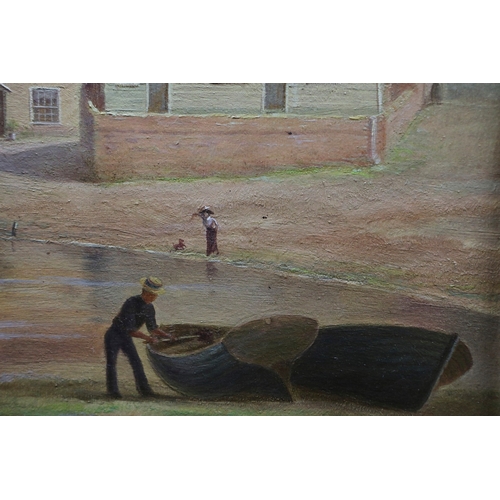 54 - W.E.P. (20TH CENTURY). FIGURES WITH BOATS ON THE SHORE. oil on canvas, The Coln Gallery label verso,... 