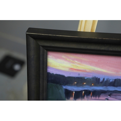 55 - 20TH CENTURY SCHOOL. LAKE VIEW. oil on canvas, 27cm x 67cm, framed.