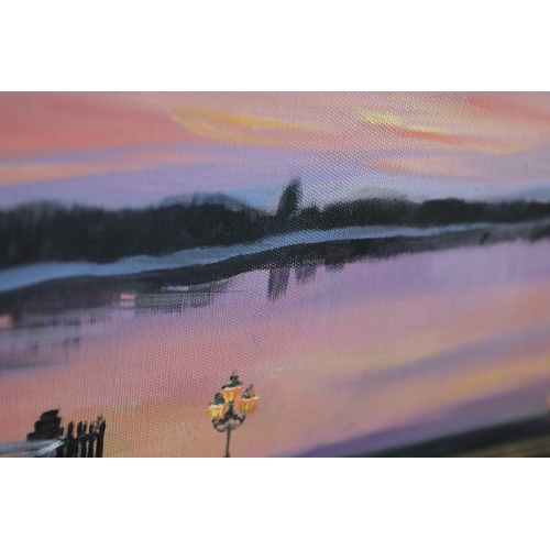 55 - 20TH CENTURY SCHOOL. LAKE VIEW. oil on canvas, 27cm x 67cm, framed.