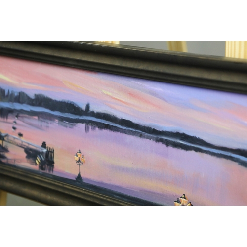 55 - 20TH CENTURY SCHOOL. LAKE VIEW. oil on canvas, 27cm x 67cm, framed.