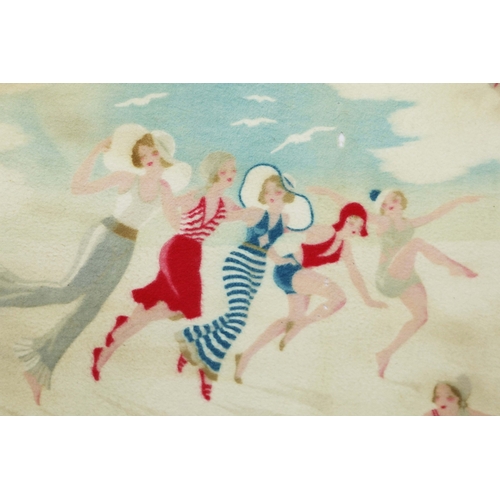 57 - 1930s ART DECO BEACH SCENE PRINT ON FELT IN WHITE PAINTED FRAME. 63.5cm H x 75cm W.