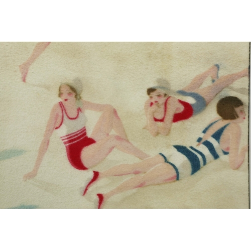 57 - 1930s ART DECO BEACH SCENE PRINT ON FELT IN WHITE PAINTED FRAME. 63.5cm H x 75cm W.