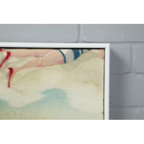 57 - 1930s ART DECO BEACH SCENE PRINT ON FELT IN WHITE PAINTED FRAME. 63.5cm H x 75cm W.