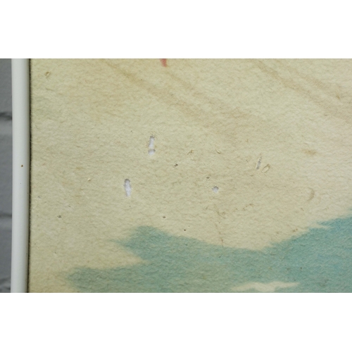 57 - 1930s ART DECO BEACH SCENE PRINT ON FELT IN WHITE PAINTED FRAME. 63.5cm H x 75cm W.