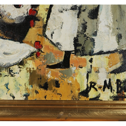 59 - ROSE-MARIE BUDLER (SOUTH AFRICAN). FEEDING THE CHICKENS. oil on canvas, 67cm x 82cm, framed.