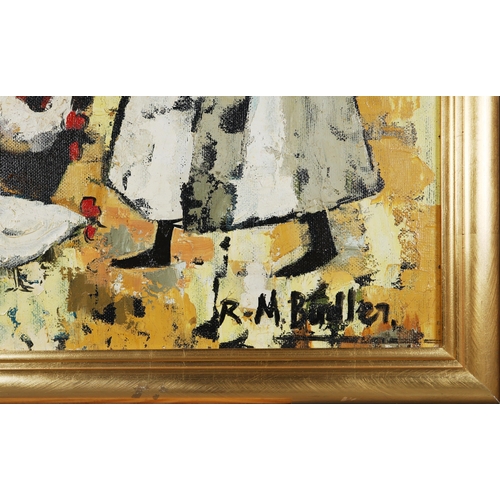 59 - ROSE-MARIE BUDLER (SOUTH AFRICAN). FEEDING THE CHICKENS. oil on canvas, 67cm x 82cm, framed.