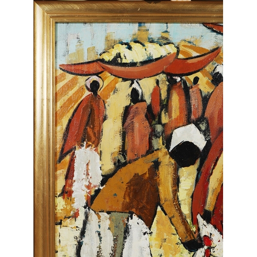 59 - ROSE-MARIE BUDLER (SOUTH AFRICAN). FEEDING THE CHICKENS. oil on canvas, 67cm x 82cm, framed.