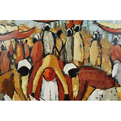 59 - ROSE-MARIE BUDLER (SOUTH AFRICAN). FEEDING THE CHICKENS. oil on canvas, 67cm x 82cm, framed.