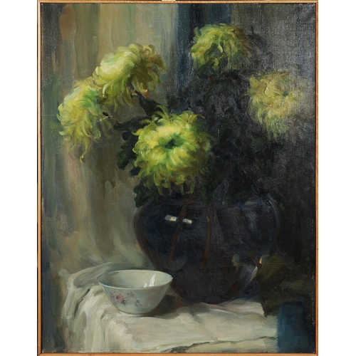 60 - 20TH CENTURY SCHOOL. STILL LIFE WITH VASE, FLOWERS AND BOWL. oil on canvas, 97cm x 72cm, framed.