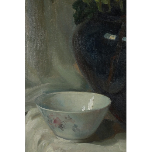 60 - 20TH CENTURY SCHOOL. STILL LIFE WITH VASE, FLOWERS AND BOWL. oil on canvas, 97cm x 72cm, framed.