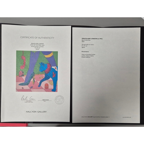 8 - GRACELAND LONDON (BRITISH B. 1992). EYES ON THE PRIZE. oil and acrylic on canvas, 91cm x 91cm, frame... 