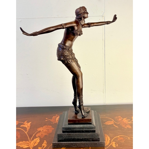 11 - ART DECO STYLE BRONZE SCULPTURE OF A DANCER ON A STEPPED MARBLE BASE. 43cm H x 37cm W x 15cm D.