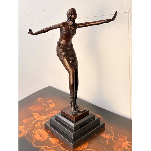 11 - ART DECO STYLE BRONZE SCULPTURE OF A DANCER ON A STEPPED MARBLE BASE. 43cm H x 37cm W x 15cm D.