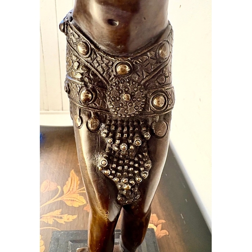 11 - ART DECO STYLE BRONZE SCULPTURE OF A DANCER ON A STEPPED MARBLE BASE. 43cm H x 37cm W x 15cm D.