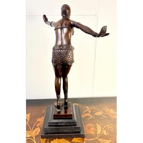 11 - ART DECO STYLE BRONZE SCULPTURE OF A DANCER ON A STEPPED MARBLE BASE. 43cm H x 37cm W x 15cm D.