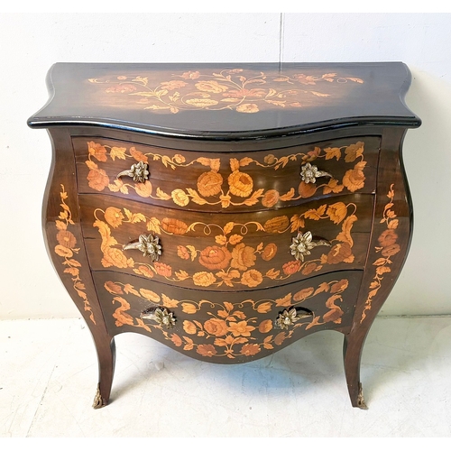 12 - FRENCH BOMBE COMMODE WITH FLORAL MARQUETRY INLAY. 82cm H x 84cm W x 44cm D.