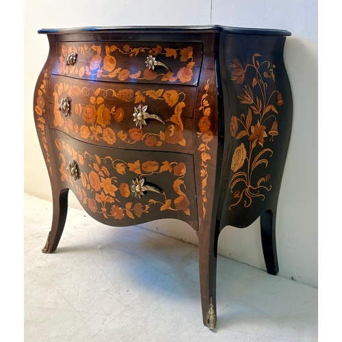 12 - FRENCH BOMBE COMMODE WITH FLORAL MARQUETRY INLAY. 82cm H x 84cm W x 44cm D.