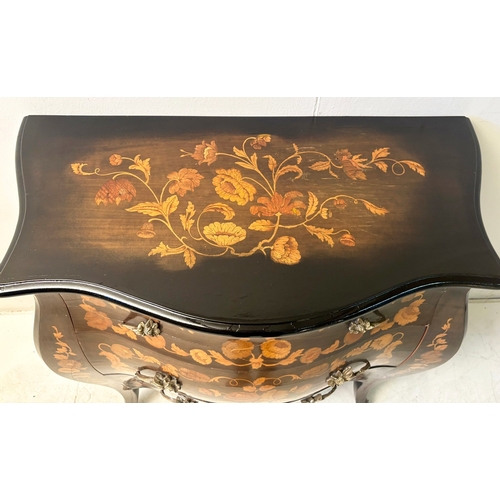 12 - FRENCH BOMBE COMMODE WITH FLORAL MARQUETRY INLAY. 82cm H x 84cm W x 44cm D.