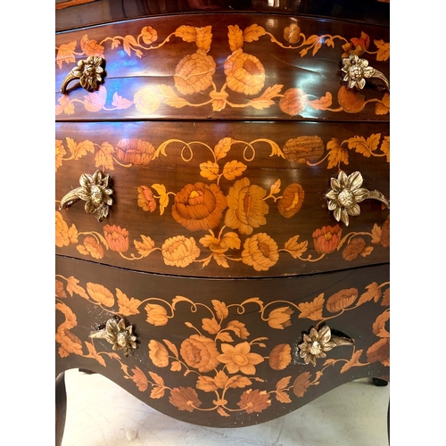 12 - FRENCH BOMBE COMMODE WITH FLORAL MARQUETRY INLAY. 82cm H x 84cm W x 44cm D.