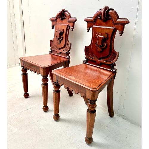 14 - PAIR OF VICTORIAN GOTHIC REVIVAL MAHOGANY HALL CHAIRS. 90cm H x 42cm W x 38cm D.