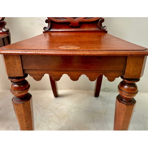 14 - PAIR OF VICTORIAN GOTHIC REVIVAL MAHOGANY HALL CHAIRS. 90cm H x 42cm W x 38cm D.
