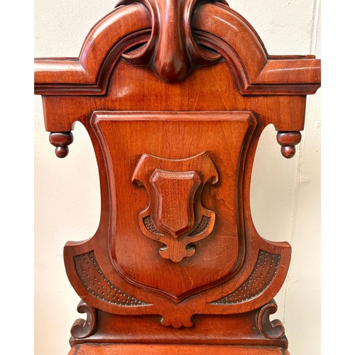 14 - PAIR OF VICTORIAN GOTHIC REVIVAL MAHOGANY HALL CHAIRS. 90cm H x 42cm W x 38cm D.