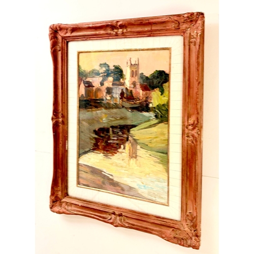 2 - OIL PAINTING OF ALL SAINTS CHURCH IN ISLEWORTH IN A WOODEN FRAME. 65cm H x 50cm W.