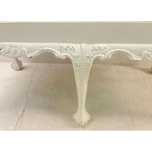 22 - HALL SEAT WITH NEUTRAL LINEN UPHOLSTERY ON PAINTED CLAW AND BALL SUPPORTS. 58cm H x 116cm W x 50cm D... 