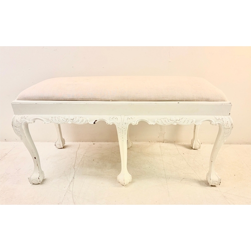 22 - HALL SEAT WITH NEUTRAL LINEN UPHOLSTERY ON PAINTED CLAW AND BALL SUPPORTS. 58cm H x 116cm W x 50cm D... 