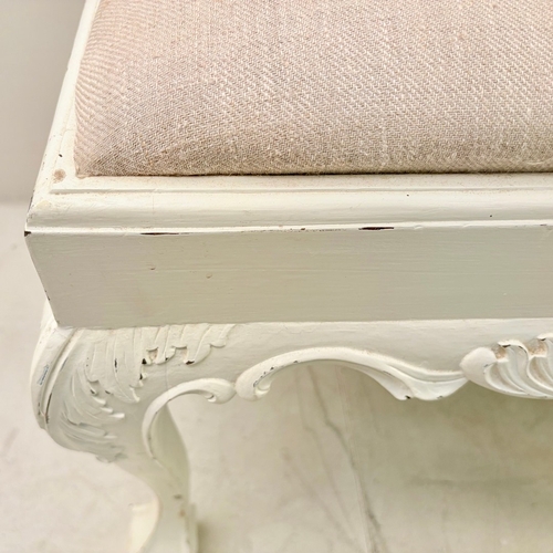 22 - HALL SEAT WITH NEUTRAL LINEN UPHOLSTERY ON PAINTED CLAW AND BALL SUPPORTS. 58cm H x 116cm W x 50cm D... 