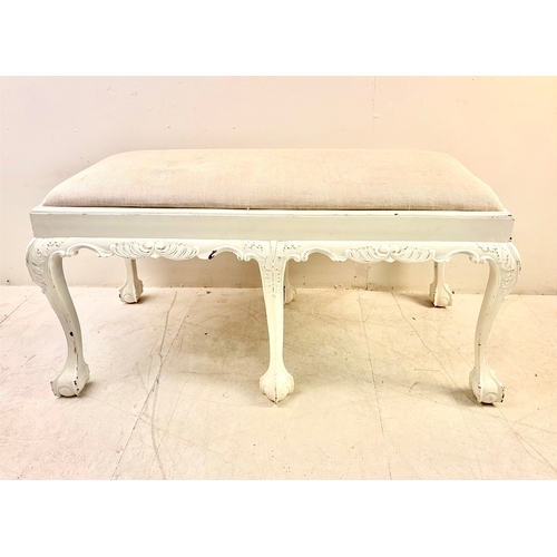 22 - HALL SEAT WITH NEUTRAL LINEN UPHOLSTERY ON PAINTED CLAW AND BALL SUPPORTS. 58cm H x 116cm W x 50cm D... 