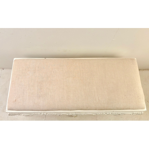 22 - HALL SEAT WITH NEUTRAL LINEN UPHOLSTERY ON PAINTED CLAW AND BALL SUPPORTS. 58cm H x 116cm W x 50cm D... 