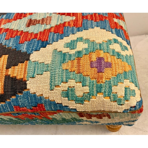 23 - HEARTH STOOL WITH KILIM UPHOLSTERY ON TURNED SUPPORTS. 52cm H x 123cm W x 50cm D.