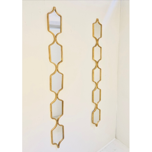26 - PAIR OF CONTEMPORARY ACENT MIRRORS. in gilt metal frames, 144cm H x 15cm W.