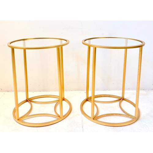 28 - PAIR OF OCCASIONAL TABLES. in gilt metal with circular glass tops, 47cm H x 38cm W.