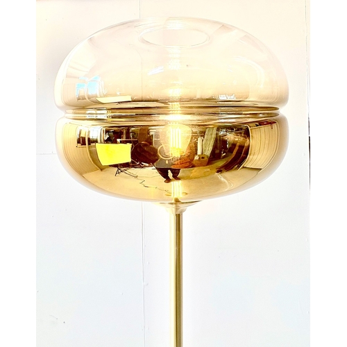 30 - CONTEMPORARY GILT METAL FLOOR LAMP WITH GLASS SHADE. 140cm H x 35cm W.