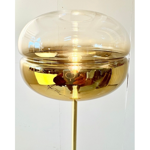 30 - CONTEMPORARY GILT METAL FLOOR LAMP WITH GLASS SHADE. 140cm H x 35cm W.