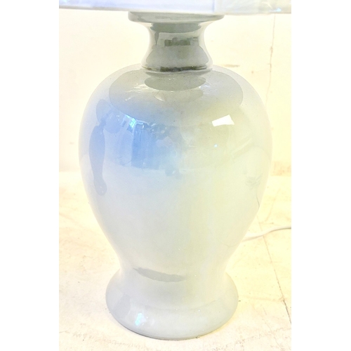 31 - PAIR OF GREY CERAMIC TABLE LAMPS WITH WHITE SHADES. 55cm H x 35cmW.