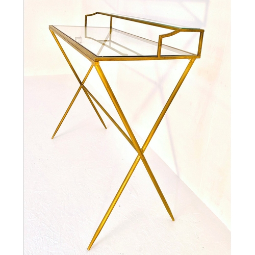 32 - CONTEMPORARY GILT METAL AND GLASS DESK. 87cm H x 95cm W x 42cm D.