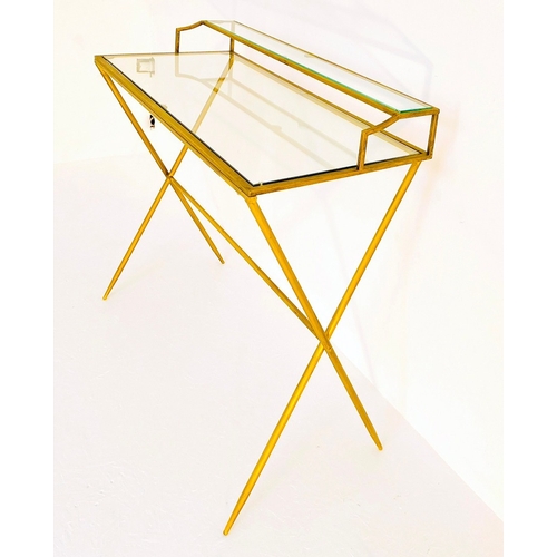 32 - CONTEMPORARY GILT METAL AND GLASS DESK. 87cm H x 95cm W x 42cm D.
