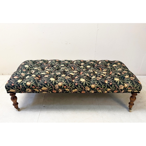 39 - HEARTH STOOL WITH FRUIT DESIGN DEEP BUTTONED UHOLSTERY ON TRUNED SUPPORTS. 34cm H x 123cm W x 60cm D... 