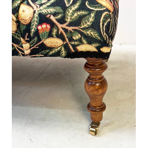 39 - HEARTH STOOL WITH FRUIT DESIGN DEEP BUTTONED UHOLSTERY ON TRUNED SUPPORTS. 34cm H x 123cm W x 60cm D... 