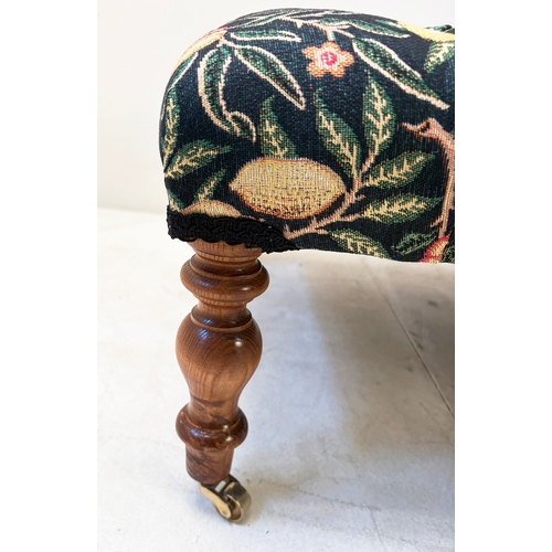 39 - HEARTH STOOL WITH FRUIT DESIGN DEEP BUTTONED UHOLSTERY ON TRUNED SUPPORTS. 34cm H x 123cm W x 60cm D... 