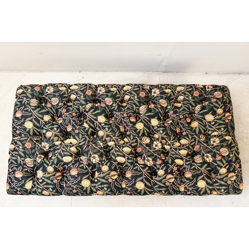 39 - HEARTH STOOL WITH FRUIT DESIGN DEEP BUTTONED UHOLSTERY ON TRUNED SUPPORTS. 34cm H x 123cm W x 60cm D... 