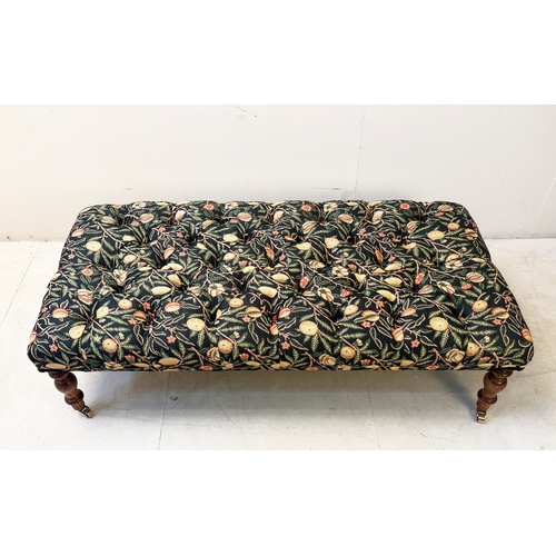 39 - HEARTH STOOL WITH FRUIT DESIGN DEEP BUTTONED UHOLSTERY ON TRUNED SUPPORTS. 34cm H x 123cm W x 60cm D... 
