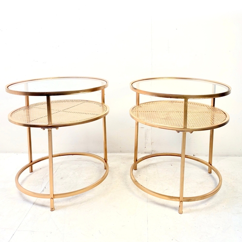 40 - PAIR OF CONTEMPORARY DESIGN GILT METAL OCCASIONAL TABLES WITH CIRCULAR GLASS TOPS. 61cm H x 58cm W.