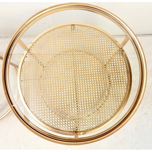 40 - PAIR OF CONTEMPORARY DESIGN GILT METAL OCCASIONAL TABLES WITH CIRCULAR GLASS TOPS. 61cm H x 58cm W.