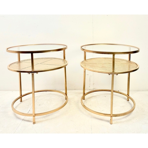 40 - PAIR OF CONTEMPORARY DESIGN GILT METAL OCCASIONAL TABLES WITH CIRCULAR GLASS TOPS. 61cm H x 58cm W.
