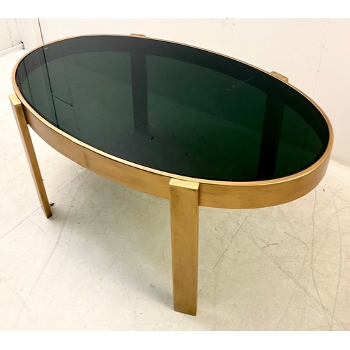 41 - LOW TABLE WITH A GILT METAL FRAME AND SMOKED GLASS TOP. 46cm H x 99cm W x 60cm D.