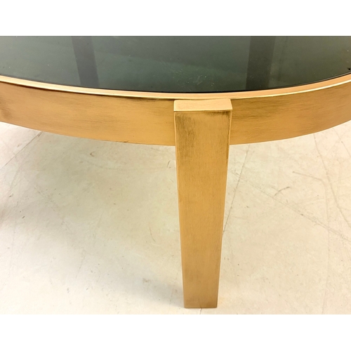41 - LOW TABLE WITH A GILT METAL FRAME AND SMOKED GLASS TOP. 46cm H x 99cm W x 60cm D.